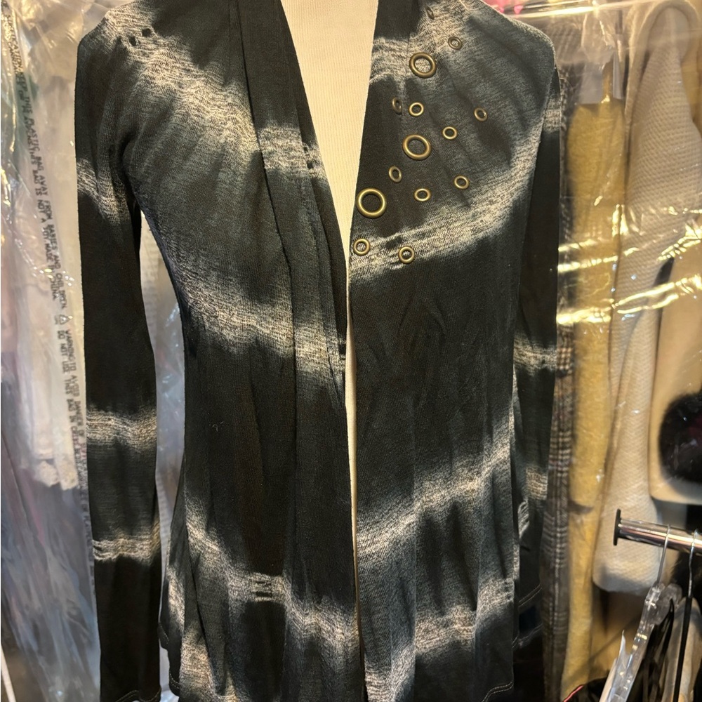 Black and White Tie-Dye Cardigan with Ring Accents